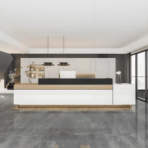 Multi-Use Reception Desks for Varied Businesses - L102" x W24" x H39", Natural wood + White faux marble