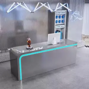 Modern Design Reception Desk - Maoters - L126" x W24" x H39", Silver (Stainless steel) + Ice blue