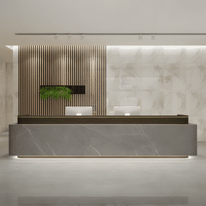 New Chinese Style Reception Desk - L150" x W24" x H39", Coffee + Gray marble