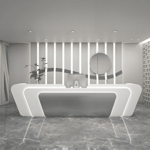 Simple and Unique Retail Front Desk - Maoters - L150"xW24"xH39", White + Silver stainless steel