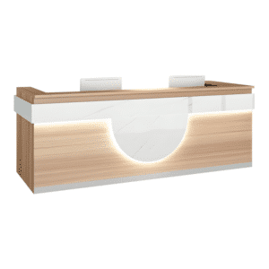 Modern Reception Desk - Light Wood Grain Finish - L118" x W24" x H39", Light walnut + imitation marble white