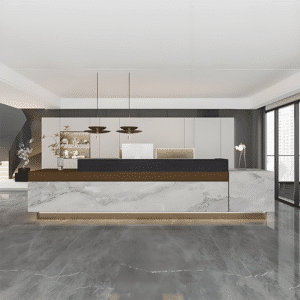 Multi-Use Reception Desks for Varied Businesses - L102" x W24" x H39", Brown + Gray faux marble