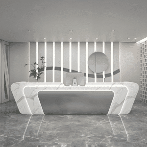 Simple and Unique Retail Front Desk - Maoters - L118"xW24"xH39", Fish belly white + Silver stainless steel