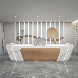 Simple and Unique Retail Front Desk - Maoters - L126"xW24"xH39", Fish belly white + Gold stainless steel