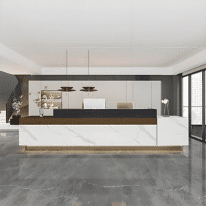 Multi-Use Reception Desks for Varied Businesses - L102" x W24" x H39", Brown + White faux marble