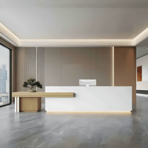 Large Storage Space Entrance Reception Desk - Maoters - L150" x W24" x H39", White + Wood color