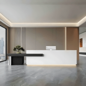 Large Storage Space Entrance Reception Desk - Maoters - L126" x W24" x H39", White + Black