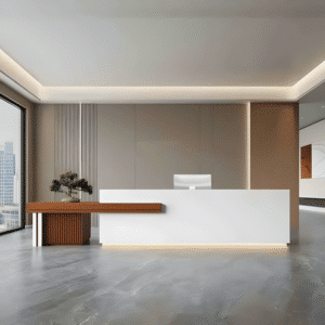 Large Storage Space Entrance Reception Desk - Maoters - L126" x W24" x H39", White + Red