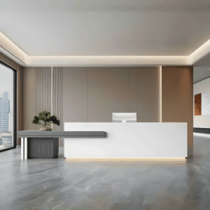 Large Storage Space Entrance Reception Desk - Maoters - L157" x W24" x H39", White + Gray
