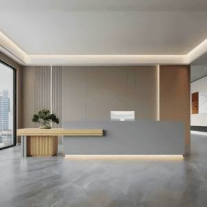 Large Storage Space Entrance Reception Desk - Maoters - L118" x W24" x H39", Gray + Wood color
