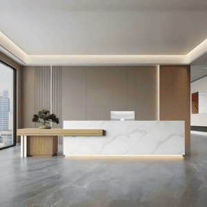 Large Storage Space Entrance Reception Desk - Maoters - L118" x W24" x H39", Fish belly white + Wood color