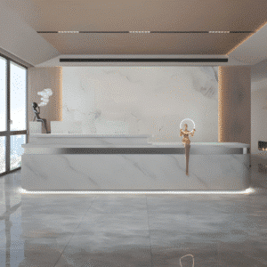 Simple Modern High-end Front Desk Reception - L126" x W24" x H39", Gray + Silver (stainless steel)