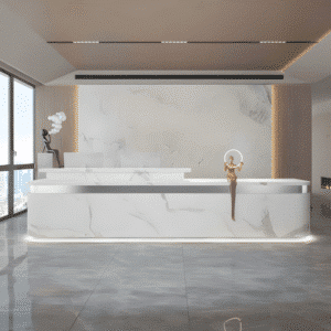 Simple Modern High-end Front Desk Reception - L134" x W24" x H39", White + Silver (stainless steel)