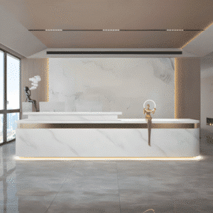 Simple Modern High-end Front Desk Reception - L126" x W24" x H39", White (marble pattern) + Gold (stainless steel)