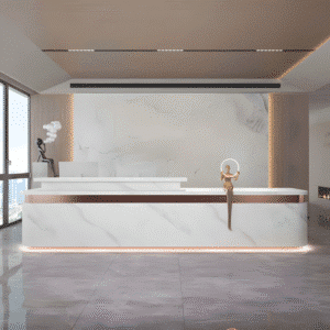 Simple Modern High-end Front Desk Reception - L87" x W24" x H39", White (marble pattern) + Red (stainless steel)