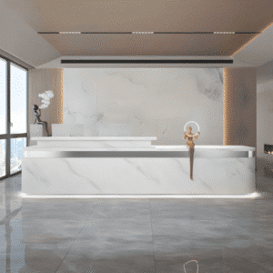 Simple Modern High-end Front Desk Reception - L94" x W24" x H39", White (marble pattern) + Silver (stainless steel)