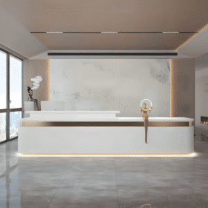 Simple Modern High-end Front Desk Reception - L134" x W24" x H39", All white + Gold (stainless steel)