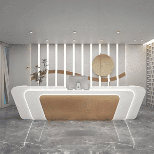 Simple and Unique Retail Front Desk - Maoters - L126"xW24"xH39", White + Gold stainless steel