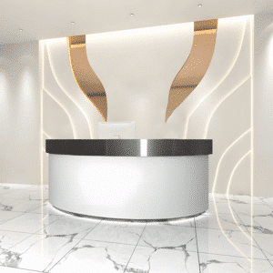Stainless Semi Circular Reception Desk - L94"xW24"xH39", Black + White