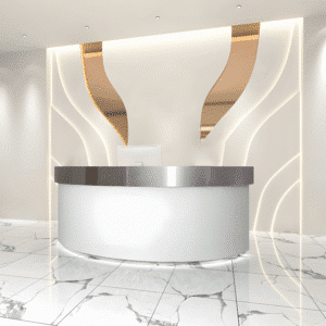 Stainless Semi Circular Reception Desk - L118"xW24"xH39", Silver + White