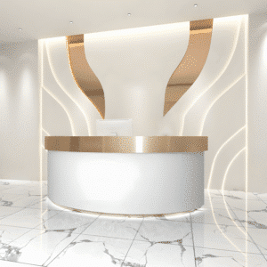 Stainless Semi Circular Reception Desk - L79"xW24"xH39", Gold + White