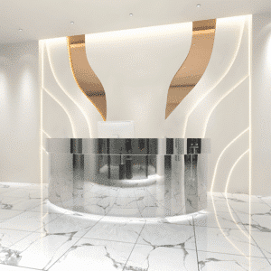 Stainless Semi Circular Reception Desk - L59"xW24"xH39", High Gloss Finish