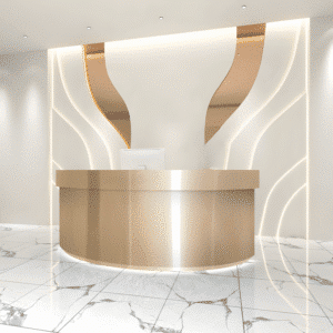 Stainless Semi Circular Reception Desk - L118"xW24"xH39", Gold