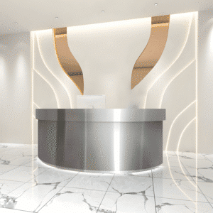 Stainless Semi Circular Reception Desk - L63"xW24"xH39", Silver