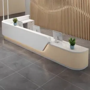 Lacquer Office Reception Desk - Curved Counter for Lobby & Consultation - L142" x W71" x H41", White + Wood