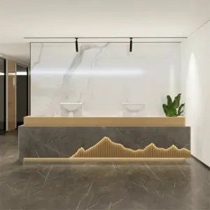 Professional Reception Desk - Office& Hotel Lobby Counter - L94" x W24" x H39", Cracked Gray + Wood