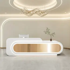 Office Front Desk &amp amp Cashier Counter Designs - L87" x W24" x H39", White + Gold stainless