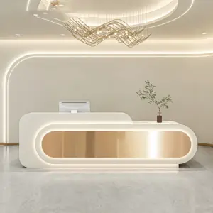 Office Front Desk &amp amp Cashier Counter Designs - L55" x W24" x H39", Beige + Gold stainless