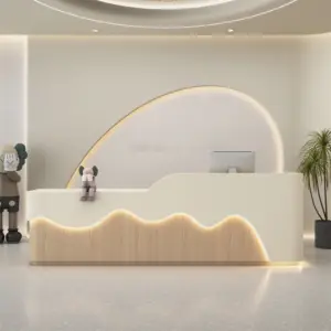 Beauty Salon Reception Desks & Front Desk Counters - L102" x W24" x H39", Off-white + Natural wood grain