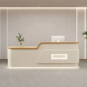 Cream Style Reception Desk - Training Center & Boutique Counter - Beige + Wood, L87" x W24" x H39"