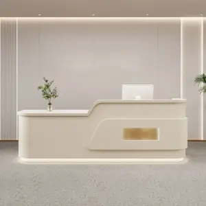 Cream Style Reception Desk - Training Center & Boutique Counter - Beige + Gold stainless steel, L118" x W24" x H39"