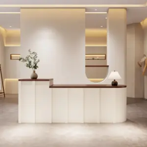Modern Lacquer & Cream Style Reception Desks for Clothing Stores - L150" x W24" x H39", White + Walnut