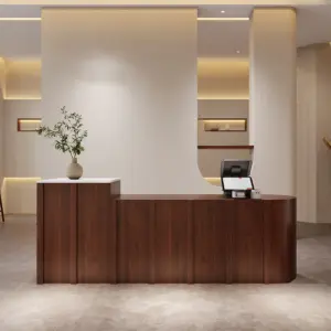 Modern Lacquer & Cream Style Reception Desks for Clothing Stores - L126" x W24" x H39", Walnut + Cream White