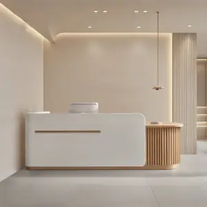 Modern Minimalist Reception Desk - L79" x W24" x H39", Beige + Wood