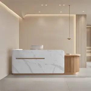 Modern Minimalist Reception Desk - L87" x W24" x H39", Fish belly white pattern + Original wood