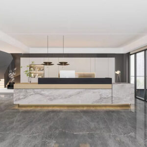 Multi-Use Reception Desks for Varied Businesses - L39" x W24" x H39", Natural wood + Gray faux marble