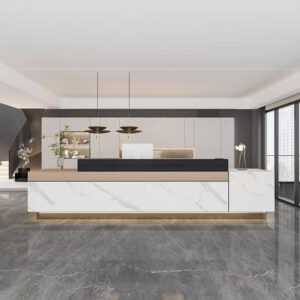 Multi-Use Reception Desks for Varied Businesses - L79" x W24" x H39", Natural wood + White faux marble