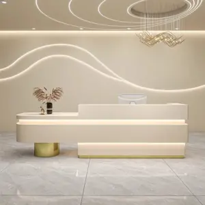 Professional Reception & Checkout Desks - L94" x W24" x H39", Off-white + Gold cylinder