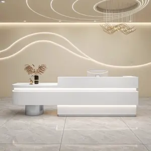 Professional Reception & Checkout Desks - L87" x W24" x H39", White + Silver cylinder