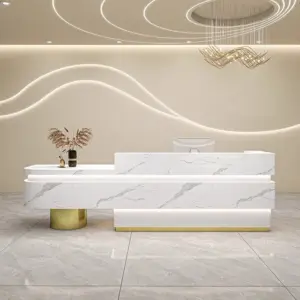 Professional Reception & Checkout Desks - L134" x W24" x H39", Imitation terrazzo pattern + Golden round pillars