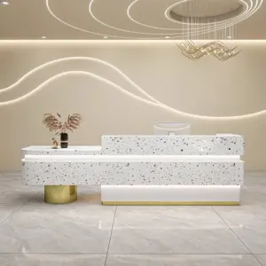 Professional Reception & Checkout Desks - L150" x W24" x H39", Square marble pattern + Golden cylinder