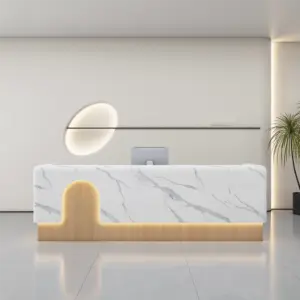Beauty Salon Reception Desks - L134" x W24" x H39", Fish Maw White + Wood