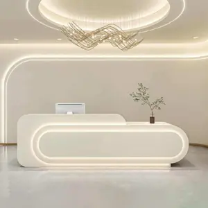 Office Front Desk &amp amp Cashier Counter Designs - L63" x W24" x H39", Beige + Gold stainless